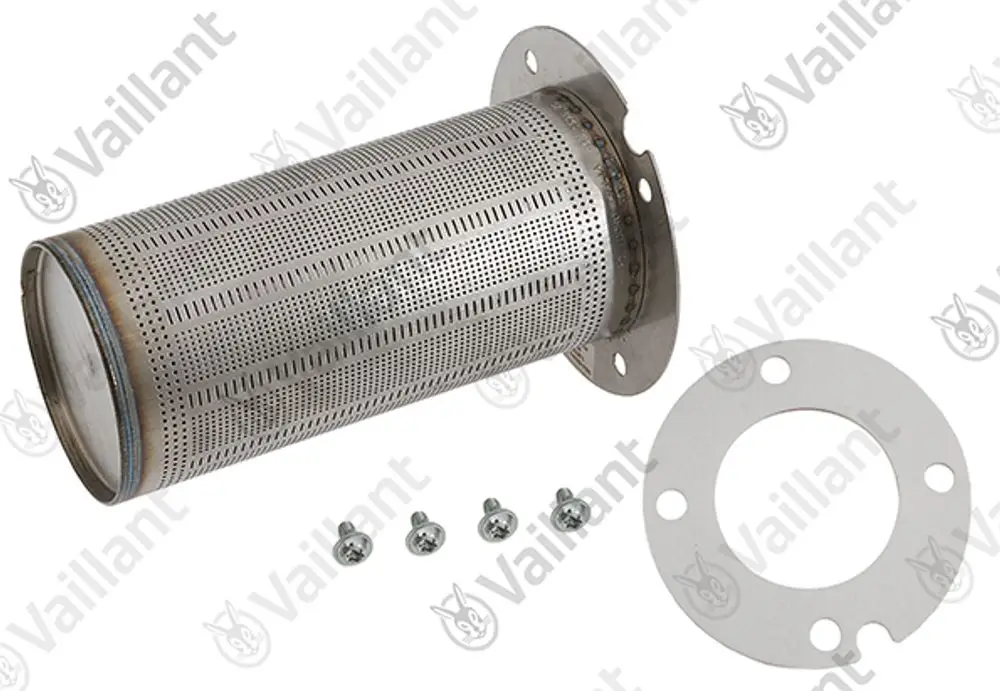 Vaillant Brennereinsatz mit zylindrischem Metallgehäuse, perforiertem Design und montierbarem Flansch sowie Schrauben zur Befestigung.